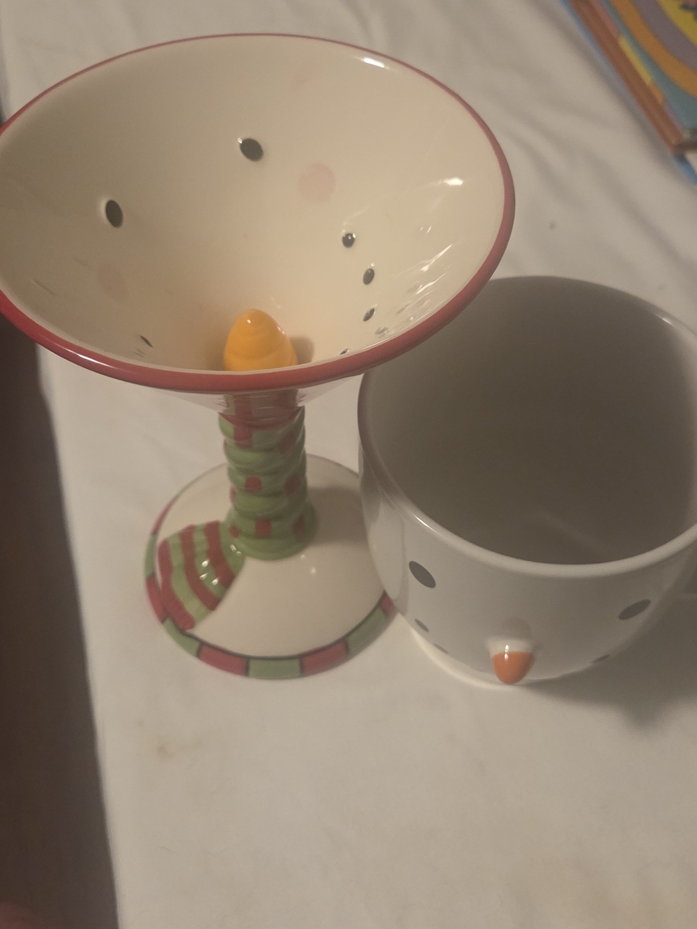 Set Of Two!A Snowman Martini Ceramic Glass And A Coffee Mug Cup Christmas Winter